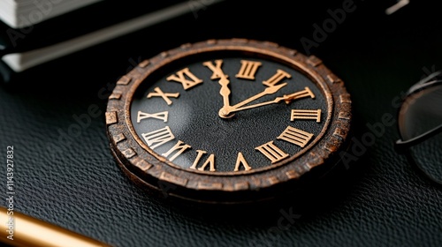 Wallpaper Mural Antique Clock on Desk:  A close-up shot of an antique clock with Roman numerals rests on a dark desk, suggesting time, elegance, and perhaps a sense of urgency or history. Torontodigital.ca