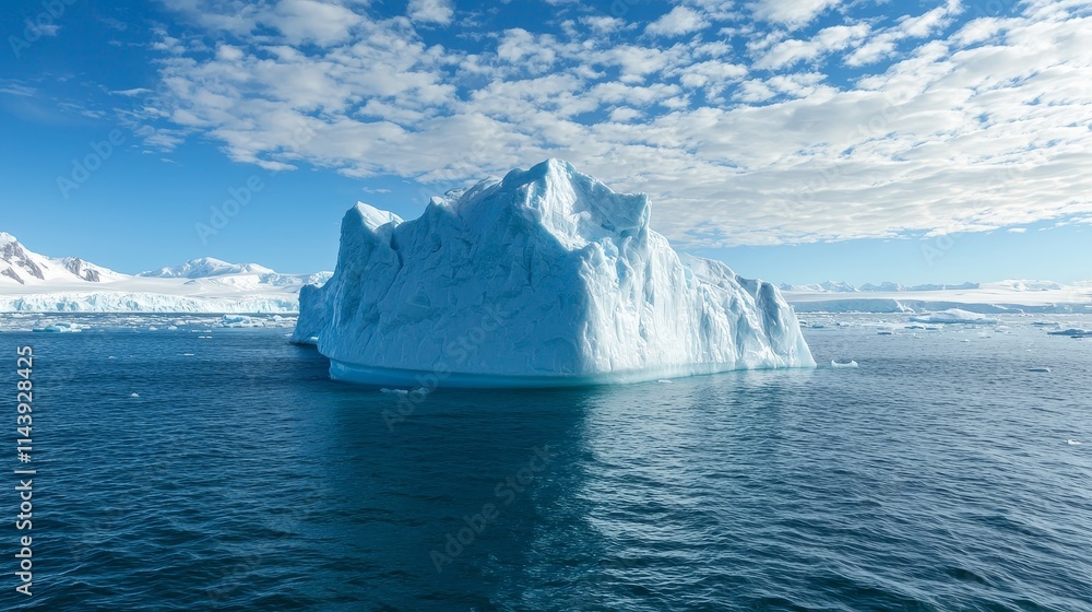 Majestic Iceberg Floating in Crystal Clear Antarctic Waters Under a Bright Blue Sky with Wispy Clouds, Showcasing the Beauty of Nature's Frozen Formations Majestic Iceberg Floating in Crystal Clear Antarctic Waters Under a Bright Blue Sky with Wispy Clouds, Showcasing the Beauty of Nature's Frozen Formations