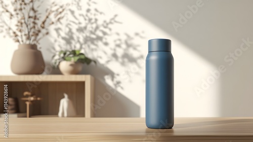 Wallpaper Mural modern sleek blue thermo vacuum flask sits on wooden surface Torontodigital.ca