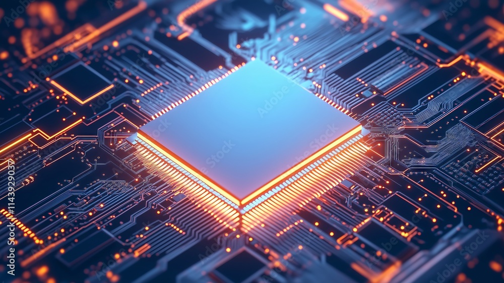 Obraz premium Cpu processing data on motherboard with orange glowing circuits