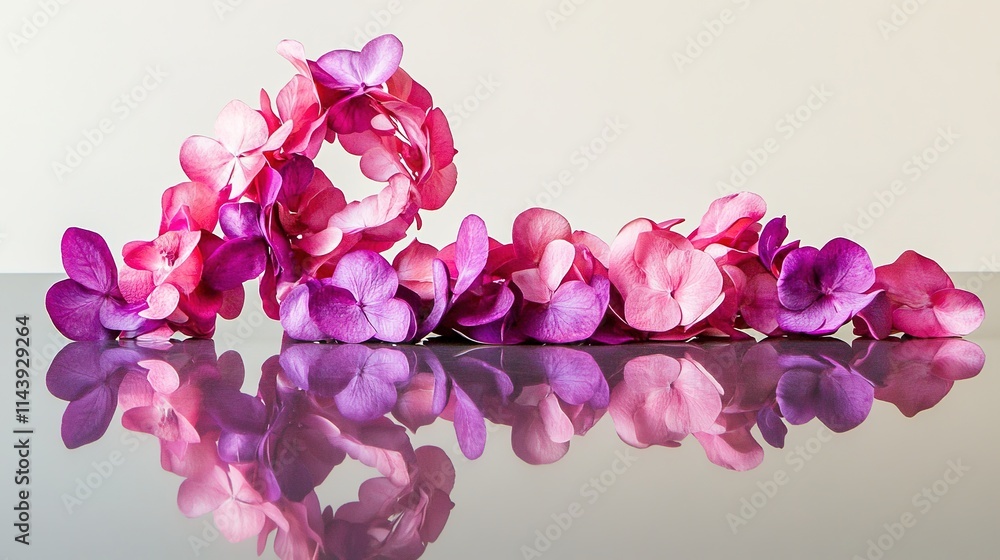 Fototapeta premium burst of pink and purple flower petals arranged in abstract 8 shape on smooth reflective surface