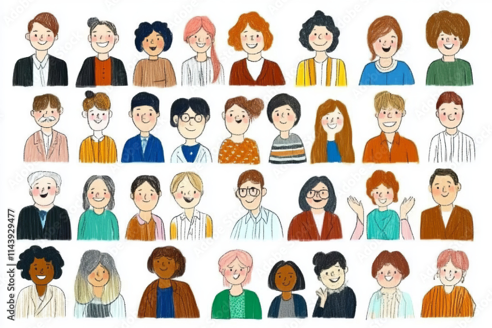 Hand drawn diverse group of people with various hairstyles and clothing styles, showcasing range of emotions and expressions in colorful illustration Hand drawn diverse group of people with various hairstyles and clothing styles, showcasing range of emotions and expressions in colorful illustration