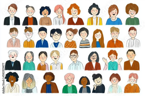 Wallpaper Mural Hand drawn diverse group of people with various hairstyles and clothing styles, showcasing range of emotions and expressions in colorful illustration Torontodigital.ca
