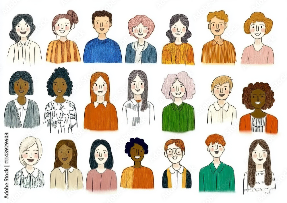 Hand drawn diverse group of people with various hairstyles and clothing styles, showcasing inclusivity and community spirit Hand drawn diverse group of people with various hairstyles and clothing styles, showcasing inclusivity and community spirit