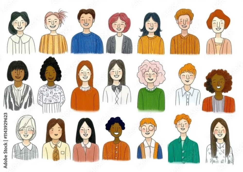 Diverse group of hand drawn characters with various hairstyles and outfits, showcasing range of emotions and expressions. This illustration celebrates inclusivity and individuality Diverse group of hand drawn characters with various hairstyles and outfits, showcasing range of emotions and expressions. This illustration celebrates inclusivity and individuality
