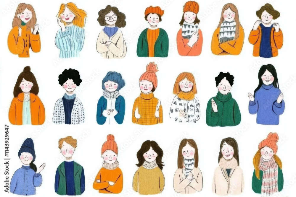 Diverse group of hand drawn women in colorful outfits, showcasing various hairstyles and expressions. This illustration captures sense of community and individuality Diverse group of hand drawn women in colorful outfits, showcasing various hairstyles and expressions. This illustration captures sense of community and individuality
