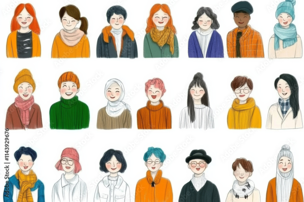 Diverse group of smiling individuals wearing winter clothing, showcasing various hairstyles and colors. illustration captures warmth and joy in cozy setting Diverse group of smiling individuals wearing winter clothing, showcasing various hairstyles and colors. illustration captures warmth and joy in cozy setting