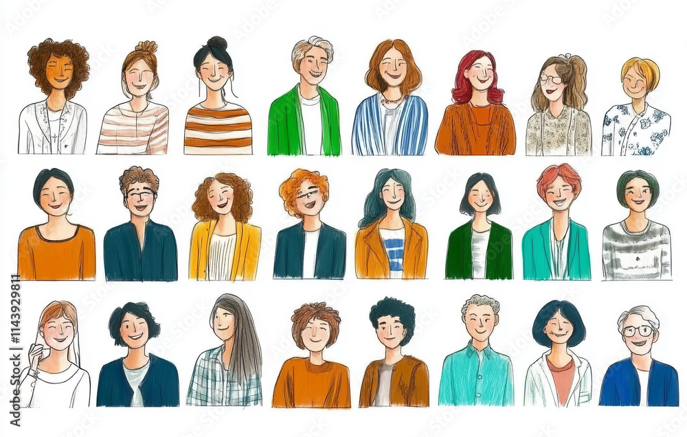 Diverse group of hand drawn characters smiling, showcasing various hairstyles, clothing styles, and expressions. This illustration captures joyful and inclusive atmosphere Diverse group of hand drawn characters smiling, showcasing various hairstyles, clothing styles, and expressions. This illustration captures joyful and inclusive atmosphere