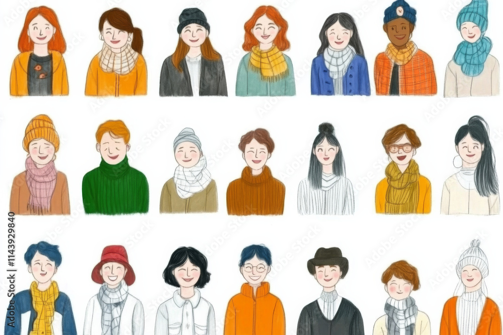 Diverse group of people wearing scarves and hats, showcasing various hairstyles and expressions. illustration captures warmth and community in cozy setting Diverse group of people wearing scarves and hats, showcasing various hairstyles and expressions. illustration captures warmth and community in cozy setting
