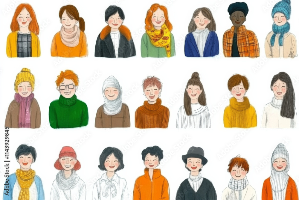 Diverse group of people wearing winter clothing and scarves, showcasing various hairstyles and expressions. This illustration captures warmth and community in cozy setting