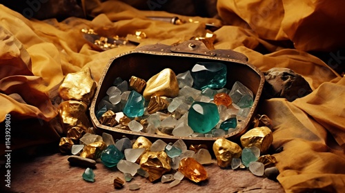 Detailed close up shot of a collection of golden nuggets and various gemstones placed on a miner s wooden table representing the valuable mineral resources found in the earth s crust photo