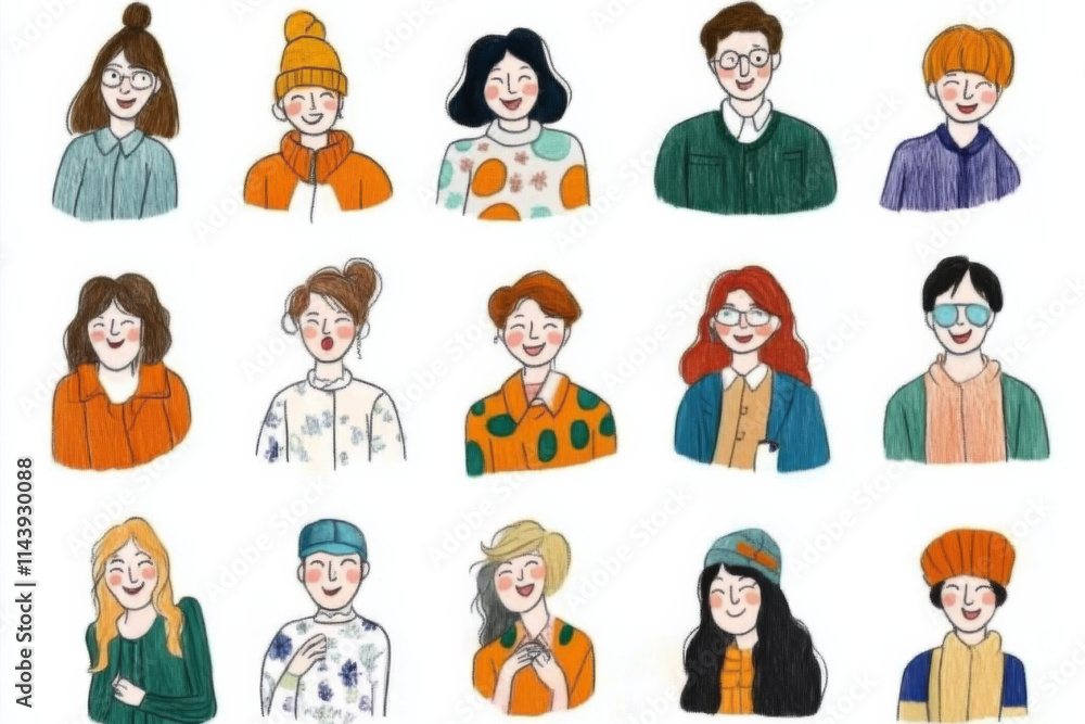 Diverse group of hand drawn characters with various hairstyles and outfits, showcasing unique styles and expressions. This illustration captures vibrant community spirit Diverse group of hand drawn characters with various hairstyles and outfits, showcasing unique styles and expressions. This illustration captures vibrant community spirit