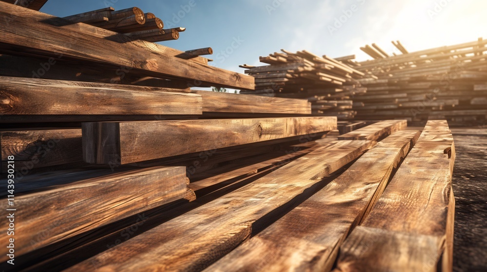 Orderly Stacks of Wooden Planks Drying in the Warm Sunlight of a Lumberyard Natural Timber Material in a Clean Organized Industrial Setting Orderly Stacks of Wooden Planks Drying in the Warm Sunlight of a Lumberyard Natural Timber Material in a Clean Organized Industrial Setting