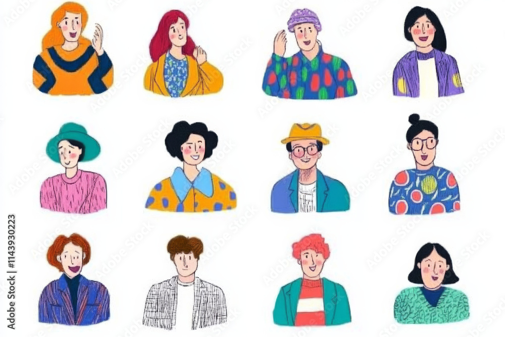 Diverse group of hand drawn characters with unique styles and expressions, showcasing individuality and creativity in colorful illustration Diverse group of hand drawn characters with unique styles and expressions, showcasing individuality and creativity in colorful illustration