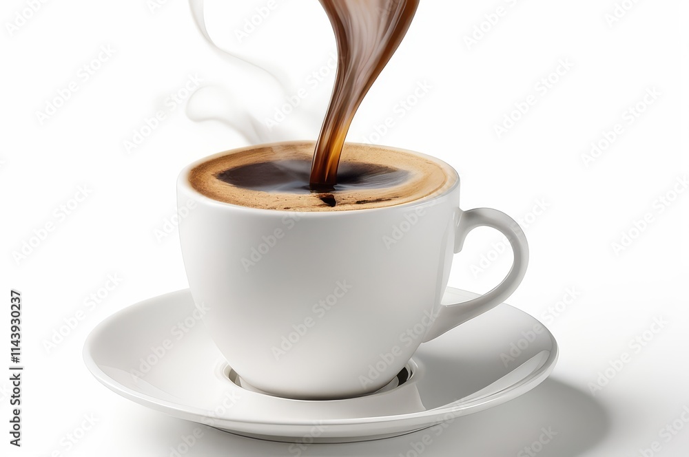 Hot coffee pouring into a white cup and saucer. Hot coffee pouring into a white cup and saucer.