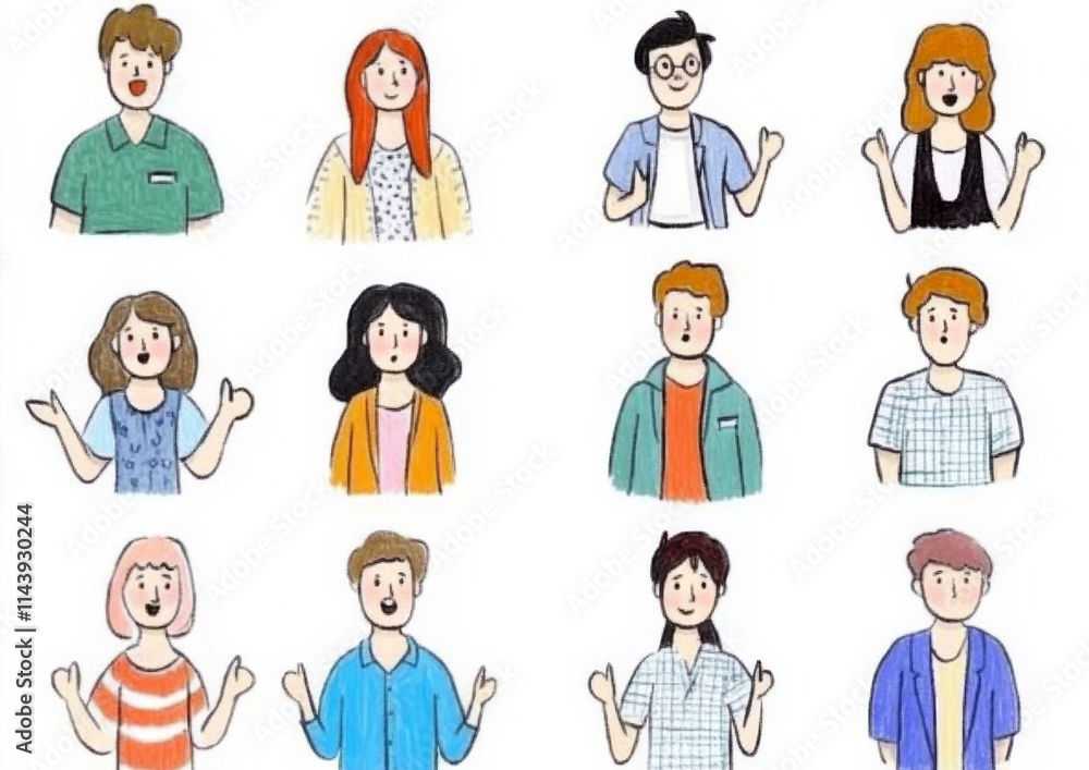 Hand drawn diverse group of people expressing various emotions and styles. This illustration showcases mix of hairstyles, clothing, and gestures, reflecting individuality and connection Hand drawn diverse group of people expressing various emotions and styles. This illustration showcases mix of hairstyles, clothing, and gestures, reflecting individuality and connection