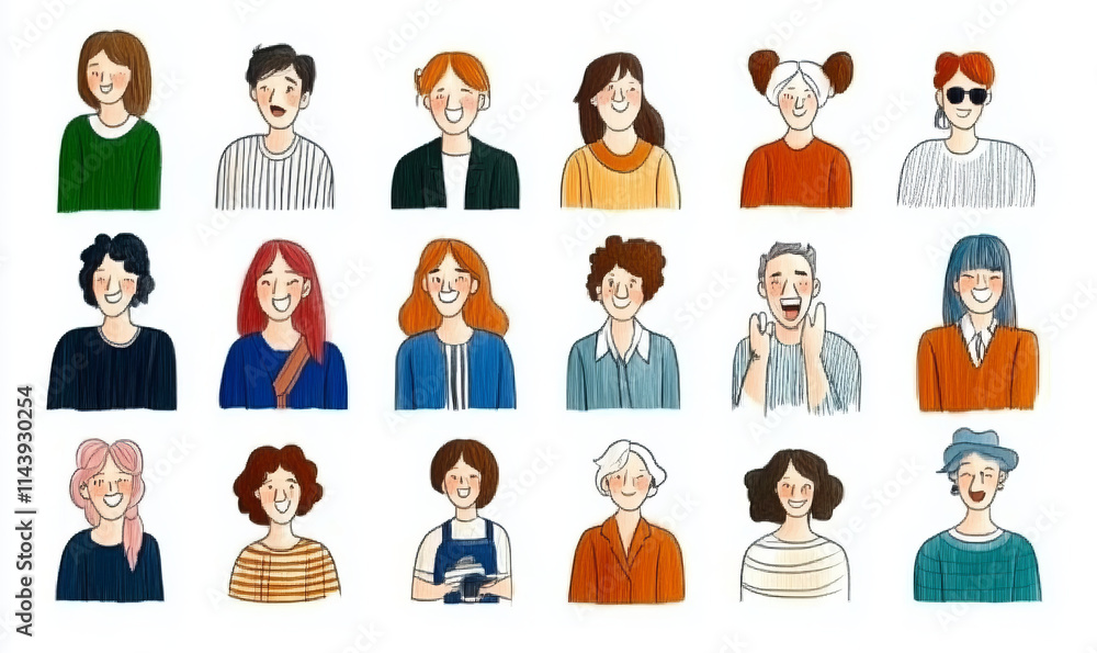 Diverse group of smiling people with various hairstyles and expressions, showcasing joy and individuality. This illustration captures vibrant community spirit Diverse group of smiling people with various hairstyles and expressions, showcasing joy and individuality. This illustration captures vibrant community spirit