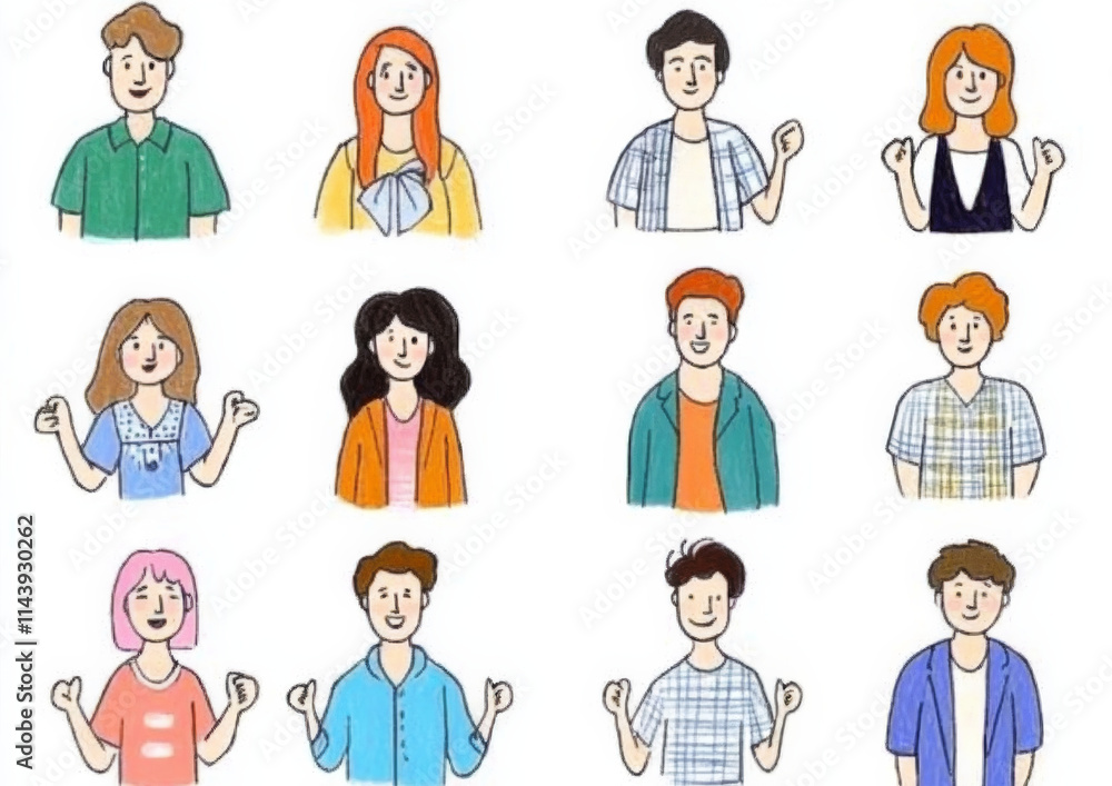 Diverse group of hand drawn characters expressing joy and excitement. Each character showcases unique hairstyles and outfits, representing variety of styles and emotions Diverse group of hand drawn characters expressing joy and excitement. Each character showcases unique hairstyles and outfits, representing variety of styles and emotions