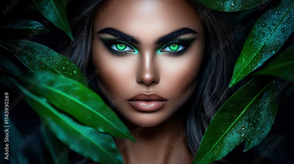 Portrait of a woman with striking green eyes among leaves. Portrait of a woman with striking green eyes among leaves.