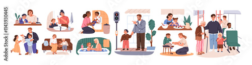 Child-rearing, parental education concept. Mother, father bringing up, raising children. Upbringing, nurturing kids, guiding, educating in life. Flat vector illustration isolated on white background