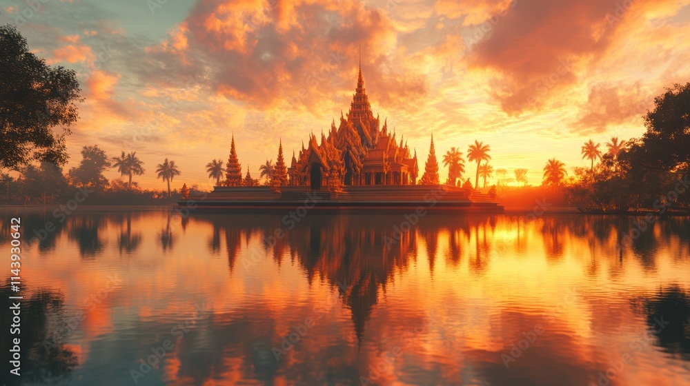 Fototapeta premium A beautiful reflection of a temple in the water at sunset, surrounded by serene natural beauty 