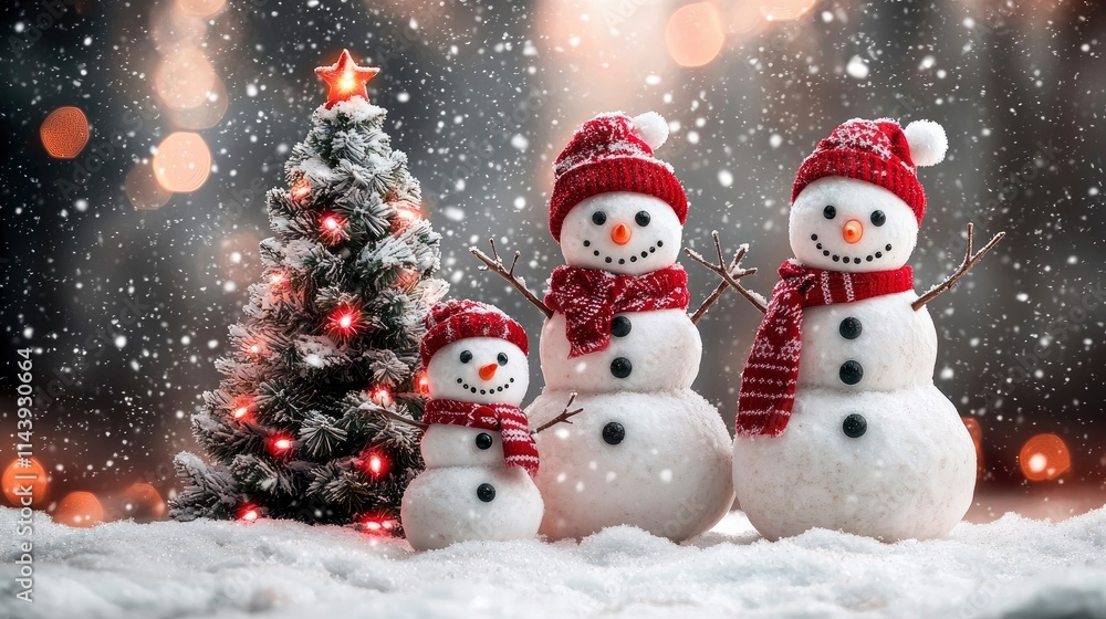 Fototapeta premium Joyful Snowman Family by Christmas Tree in Snowy Winter Wonderland