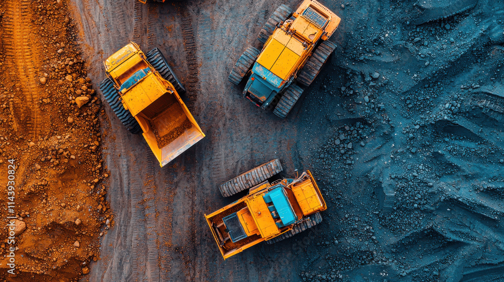 Obraz premium Vibrant scene of heavy graders working together on construction site, showcasing their powerful machinery and contrasting colors of earth and gravel