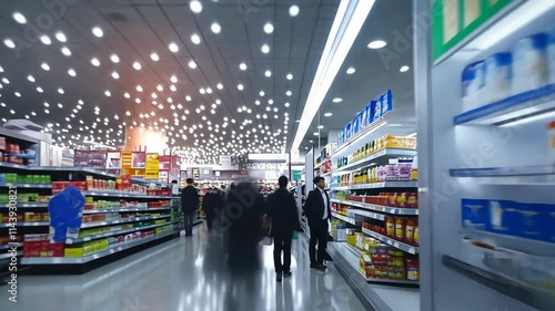 Wallpaper Mural Blurred exhibition customers are shopping in a brightly lit mall, browsing various products on pharmacy shelves convention hall with a large audience a business event, on shelves in the background Torontodigital.ca
