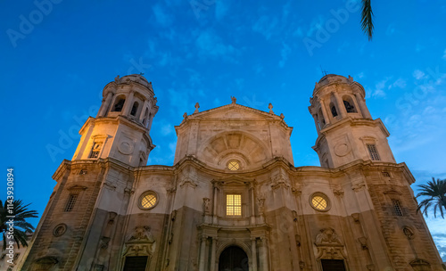 Evening side view of the iconic cathedral of Cadiz (Catedral de Cádiz), Andalusia (Andalucía), Spain photo