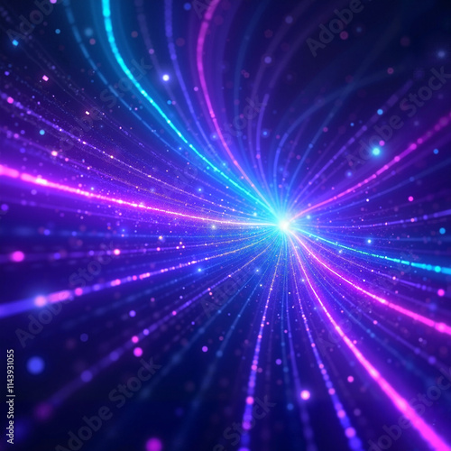 Abstract light tunnel with vibrant blue and pink rays on a dark background
