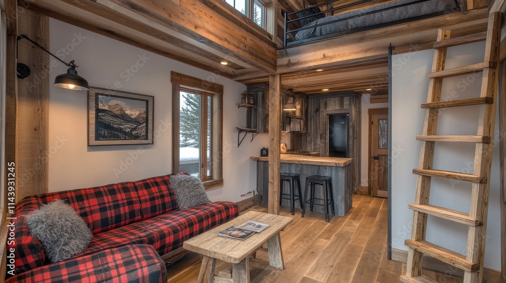 Rustic Tiny Home Interior with Loft Bedroom and Cozy Living Area Rustic Tiny Home Interior with Loft Bedroom and Cozy Living Area