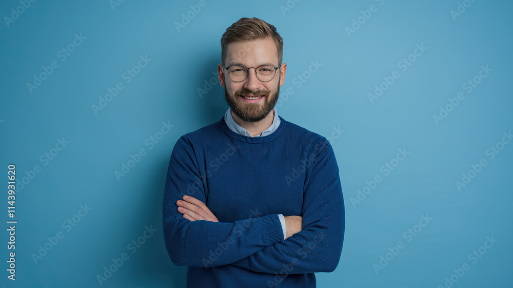 Man with a beard and glasses, wearing a blue sweater, standing against a blue background with arms crossed and a confident smile. The calm tones of his attire Man with a beard and glasses, wearing a blue sweater, standing against a blue background with arms crossed and a confident smile. The calm tones of his attire