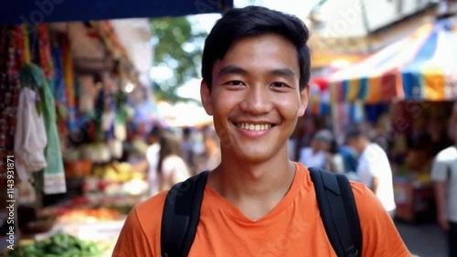 Portrait of a smiling asian tourist enjoying a visit to a traditional market