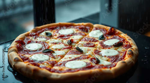 A graceful and elegant pizza in a wet rainy scene, featuring refined details, soft drizzling rain, and reflective surfaces