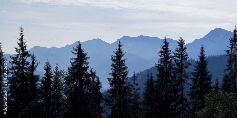 Hyper realistic photo of mountains landscape in Morning wood panorama of pine trees and mountains silhouettes Hyper realistic photo of mountains landscape in Morning wood panorama of pine trees and mountains silhouettes