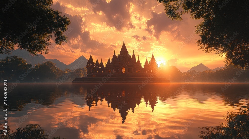 A beautiful reflection of a temple in the water, framed by trees, with a stunning sunset behind it A beautiful reflection of a temple in the water, framed by trees, with a stunning sunset behind it
