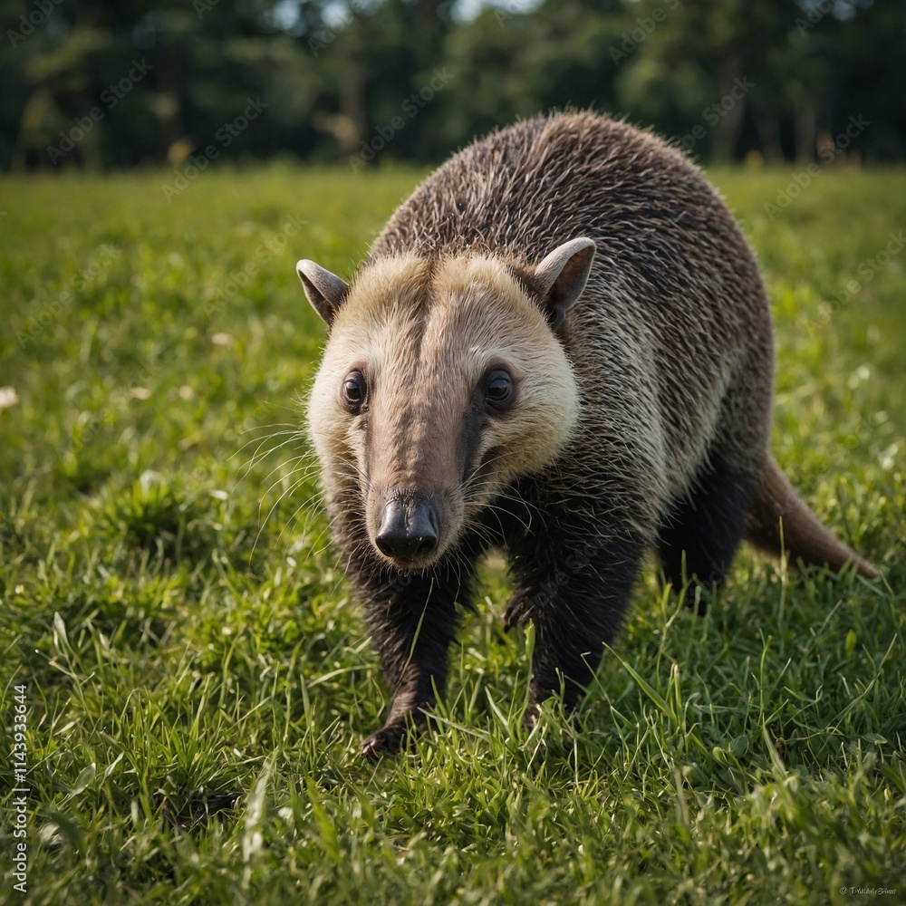 Fototapeta premium An anteater searching for food in a vibrant green meadow.