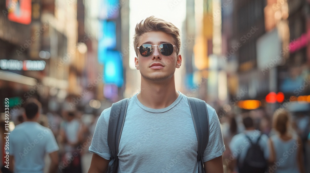 Young Man in Sunglasses Stands Confidently in Busy City Street Young Man in Sunglasses Stands Confidently in Busy City Street