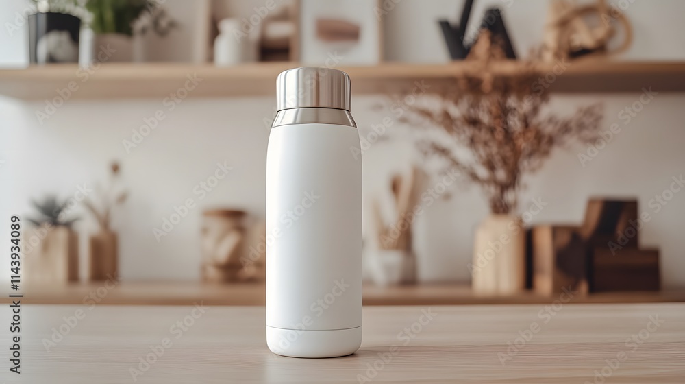 modern sleek white thermo vacuum flask sits on wooden surface modern sleek white thermo vacuum flask sits on wooden surface