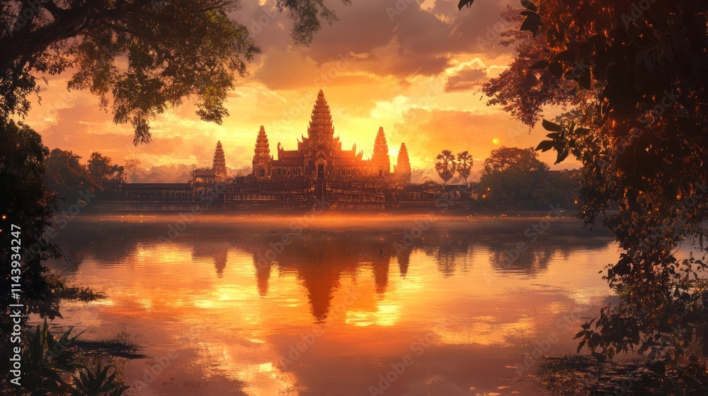 A beautiful reflection of a temple in the water, framed by trees, with a stunning sunset behind it A beautiful reflection of a temple in the water, framed by trees, with a stunning sunset behind it