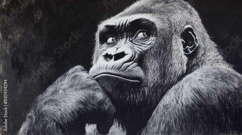 Pensive gorilla portrait in monochrome. photo