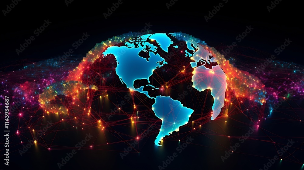 Fototapeta premium Colorful 3D rendering depicting the interconnected global economy visualized through a network of data points highlighting the complex and data driven nature of modern finance business