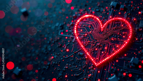 Heart shaped circuit made of red LED lights glowing on motherboard. Dark futuristic background with copy space. Happy Valentine's Day greetings to IT specialists and electronics parts manufacturers