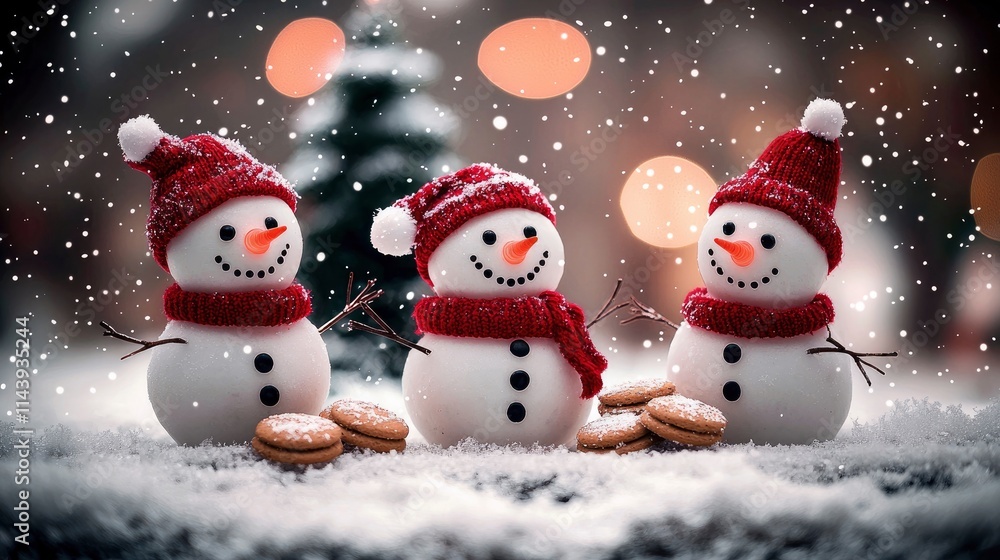 Three Adorable Snowmen in a Winter Wonderland with Christmas Cookies Three Adorable Snowmen in a Winter Wonderland with Christmas Cookies