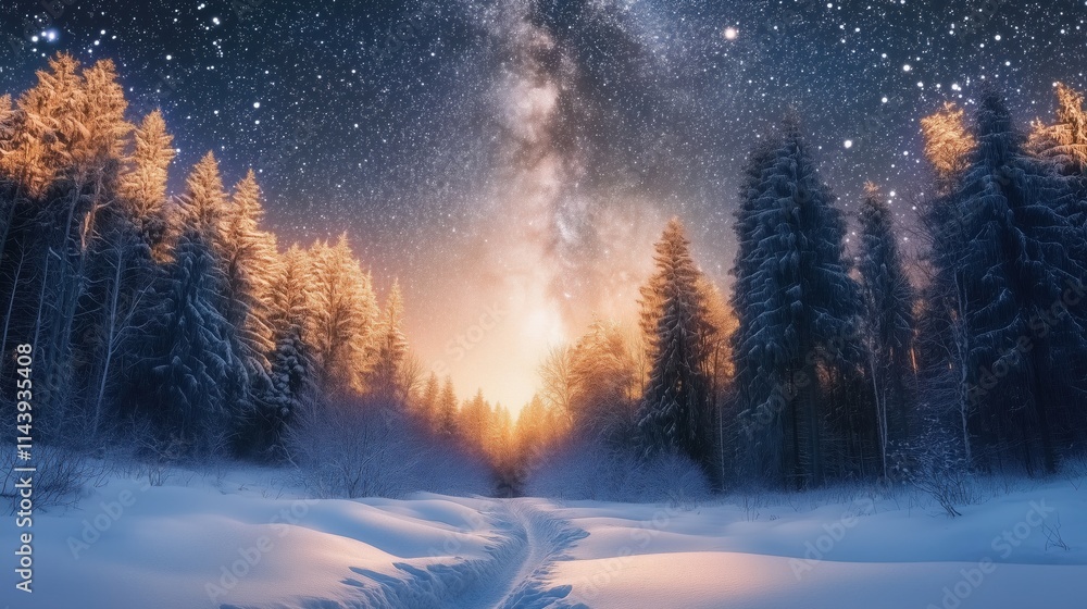 Snowy path winds through a serene forest, the trees covered in a blanket of snow, under a breathtaking starry night sky illuminated by the soft glow of the milky way Snowy path winds through a serene forest, the trees covered in a blanket of snow, under a breathtaking starry night sky illuminated by the soft glow of the milky way