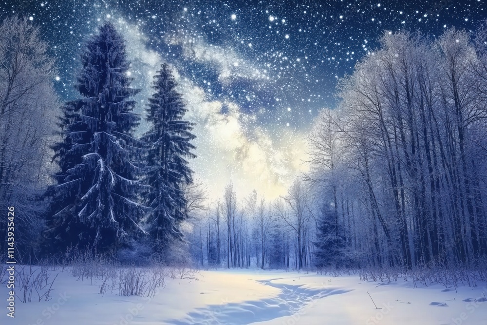 Fototapeta premium Snow-covered path meanders through a serene winter forest, illuminated by the soft glow of the milky way on a clear, starry night, creating a magical and enchanting atmosphere