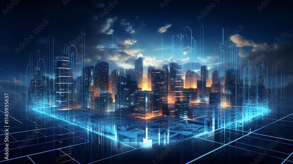 Obraz premium Thriving Digital Landscape A Modern Tech Hub Symbolizing the Growth and Innovation of the Digital Economy Showcasing a futuristic cityscape with towering skyscrapers