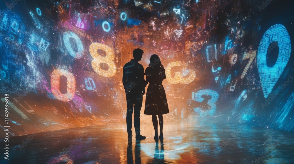 Silhouetted couple standing before a vibrant, data-filled digital backdrop. Silhouetted couple standing before a vibrant, data-filled digital backdrop.