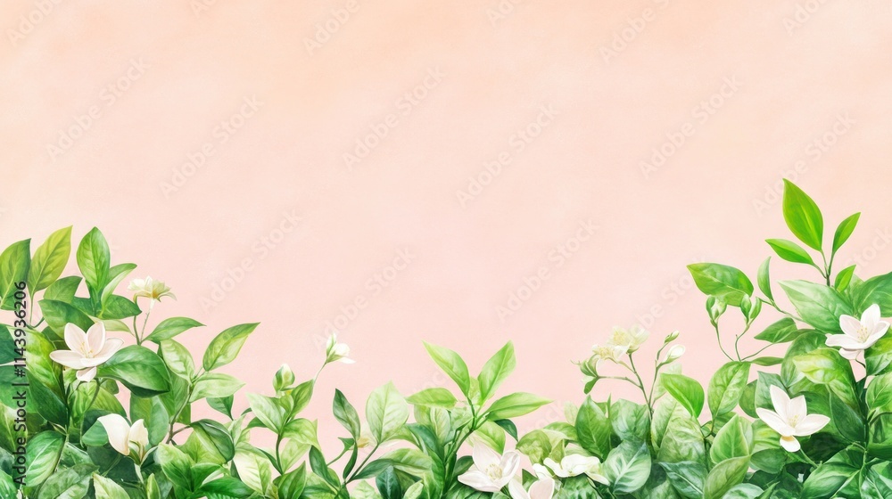 Peach background with watercolor white flowers and green leaves border. Peach background with watercolor white flowers and green leaves border.