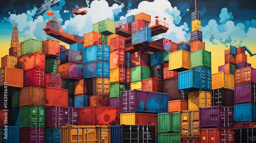 Obraz premium Vibrant international trade scene with colorful cargo containers stacked in a busy harbor representing the global movement of goods and commerce